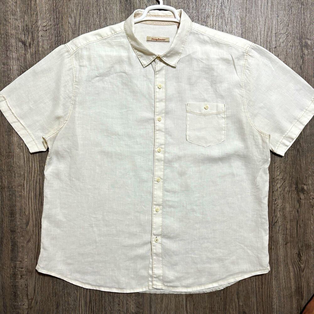 Tommy Bahama Men’s 100% Linen Button Up Shirt White Short Sleeve XXL Casual
